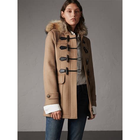 burberry detachable fur trim wool duffle coat|Burberry duffle coat sale.